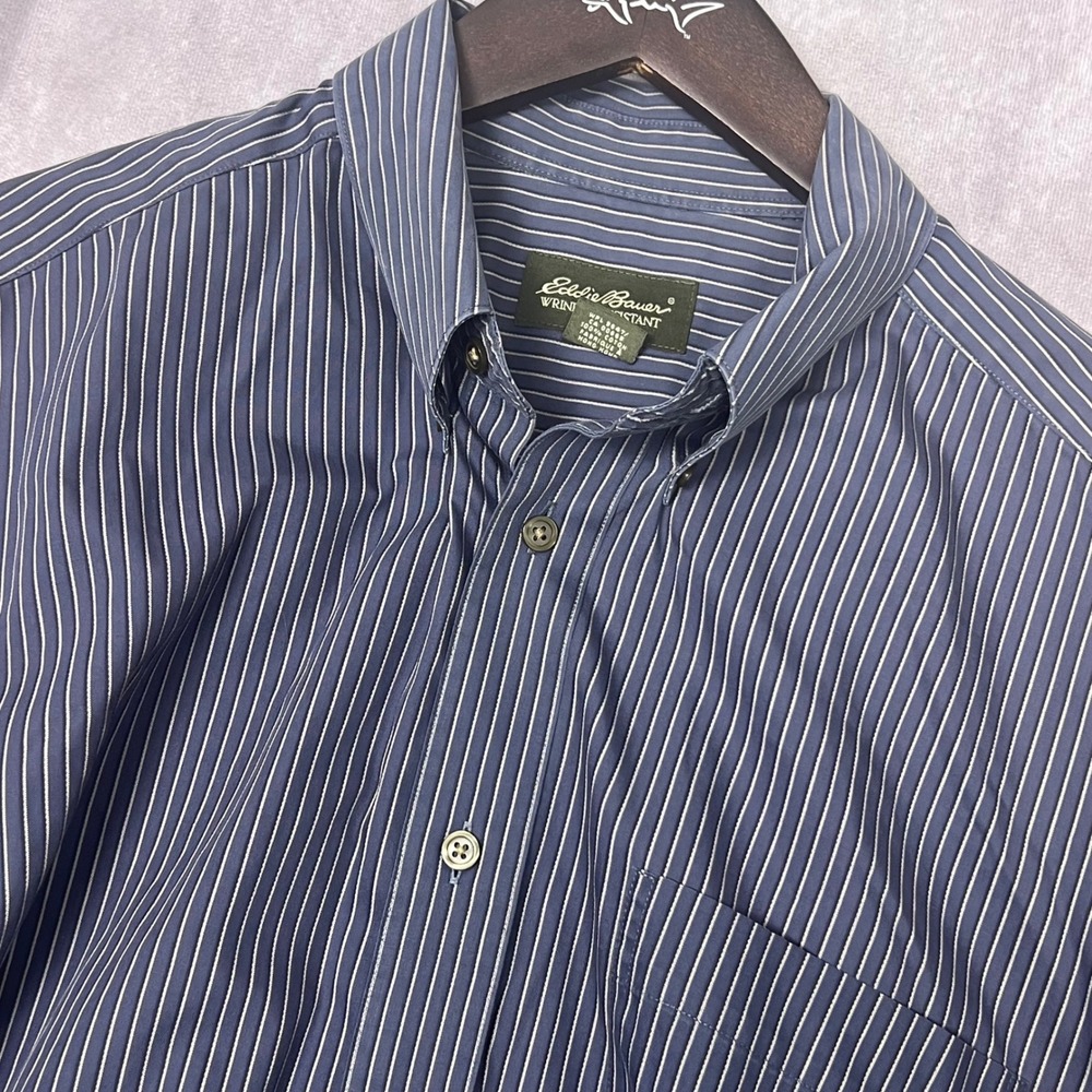 Eddie Bauer Mens Blue White Striped Wrinkle Resistant Cotton Button Down Shirt L